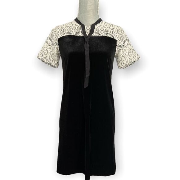 Draper James Black Velvet and Cream Lace Short Sleeve Dress Size 0 - Picture 1 of 3